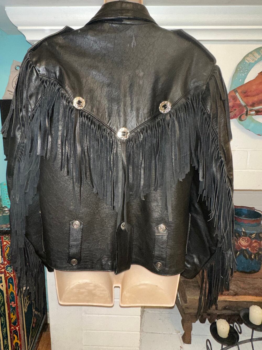 VINTAGE SUPER HEAVY FRINGED LEATHER BIKER MOTO JACKET W/ THICK QUILTED LINING